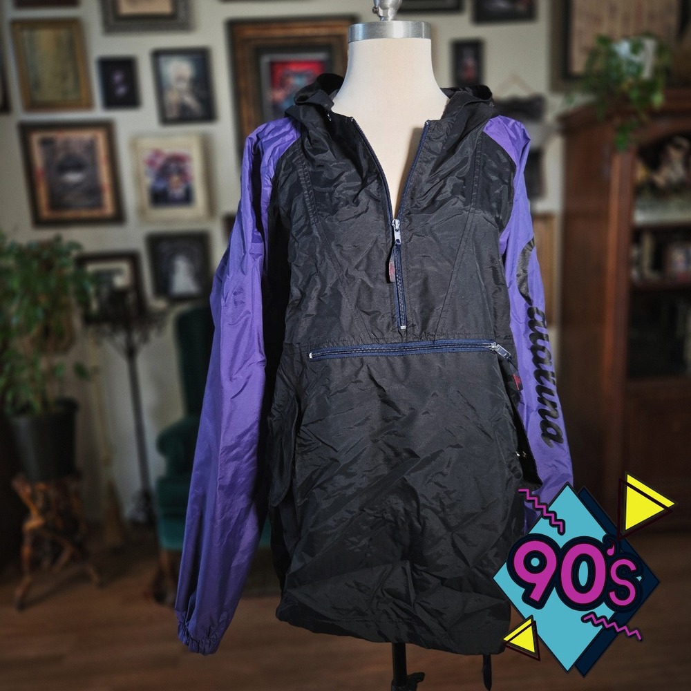 Catalina Windbreaker Jacket Mens XL Purple Black Vintage 90s‎ Anorak Pullover